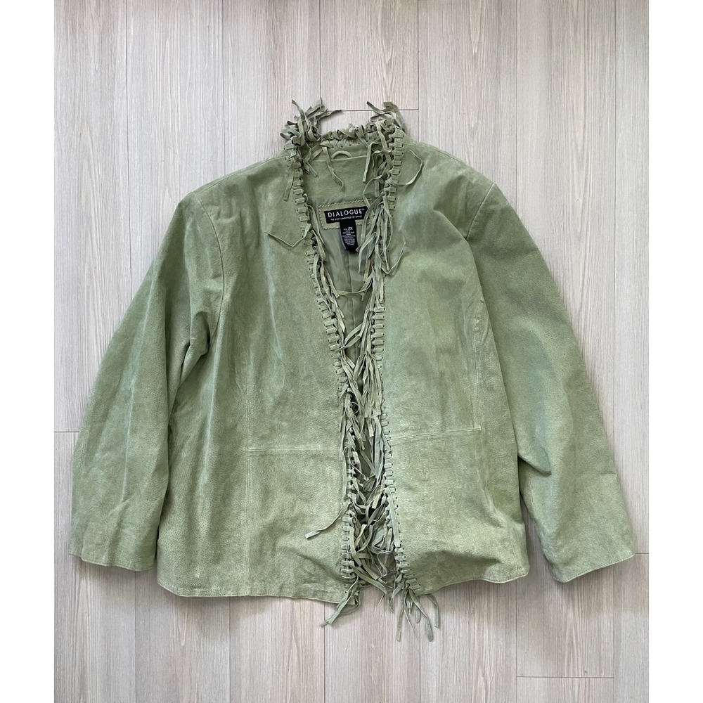DIALOGUE Green Suede Leather Jacket With Fringe Sz 2X Western Earth Tones